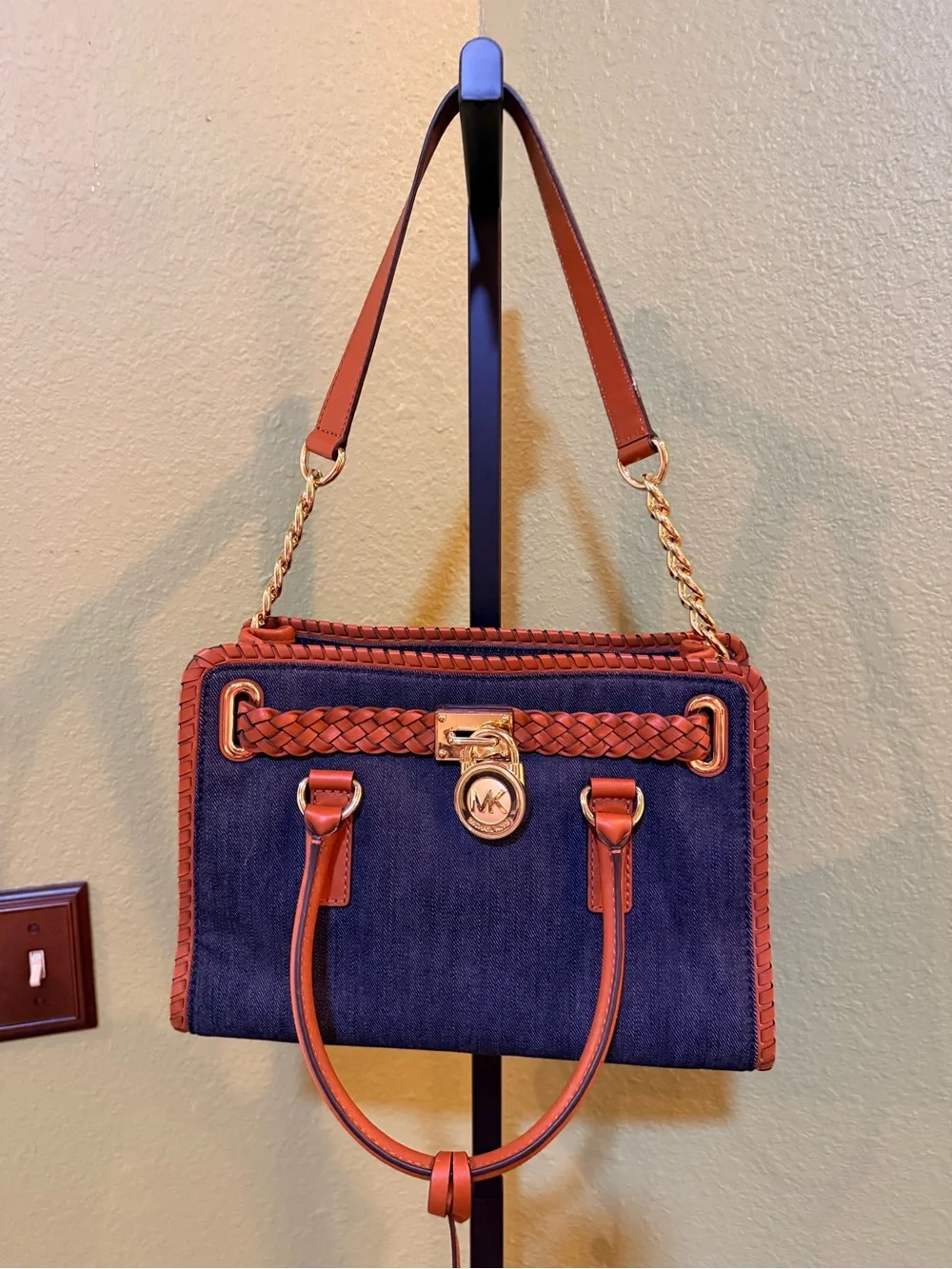 Michael Kors Navy Denim Satchel with Brown Leather Trim & Gold Hardware